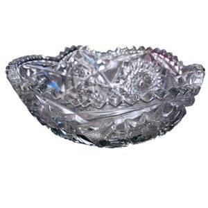 Antique Crystal Glass Bowl Hobstar Starburst Pattern Scalloped Edge Serving Dish